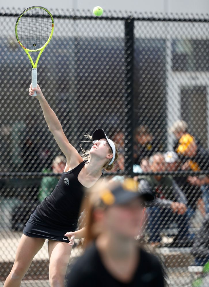 Montana Crawford and Danielle Burich play a doubles match against the Wisconsin Badgers Sunday, April 22, 2018 at the Hawkeye Tennis and Recreation Center. (Brian Ray/hawkeyesports.com)