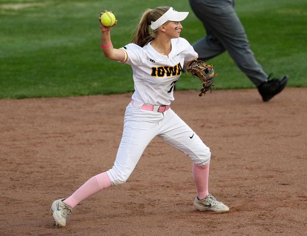Iowa second baseman Aralee Bogar (2) throws to first for an out during the fourth inning of their game against Iowa State at Pearl Field in Iowa City on Tuesday, Apr. 9, 2019. (Stephen Mally/hawkeyesports.com)