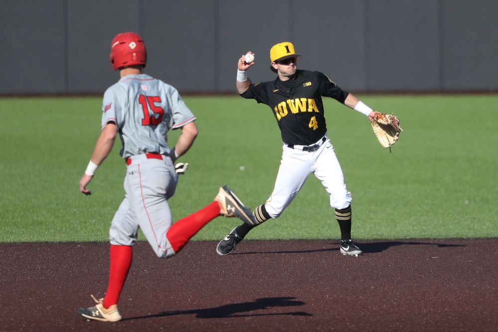 Iowa Hawkeyes infielder Mitchell Boe (4) against the Bradley Braves Tuesday, March 26, 2019 at Duane Banks Field. (Brian Ray/hawkeyesports.com)