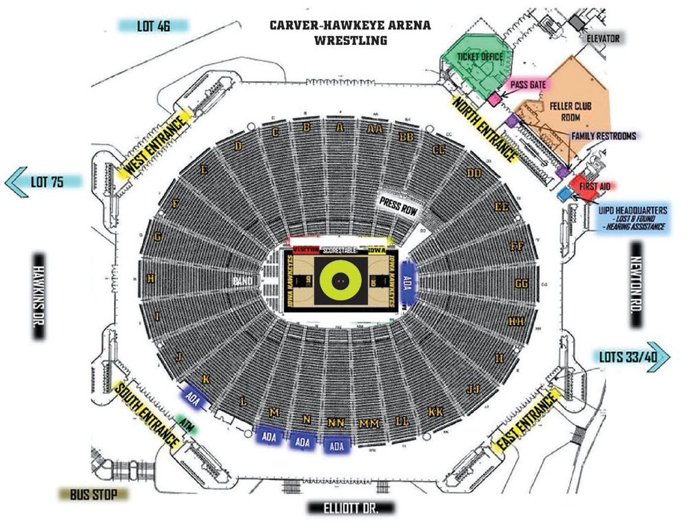 Detailed diagram of Carver-Hawkeye Arena on wrestling match day