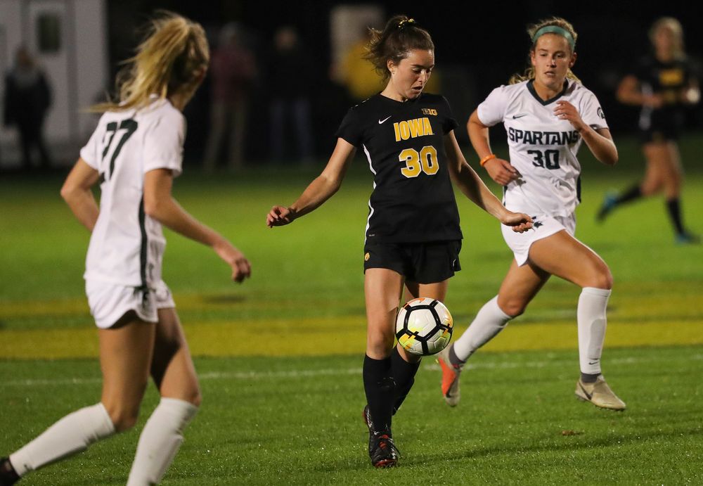 Iowa Hawkeyes forward Devin Burns (30) dribbles the ball during a game against Michigan State at the Iowa Soccer Complex on October 12, 2018. (Tork Mason/hawkeyesports.com)