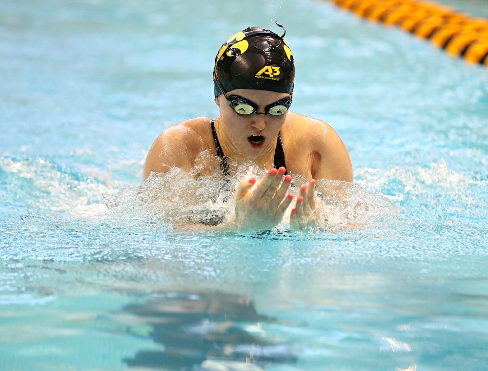 Iowa’s Christina Crane swims in the women’s 100 yard breaststroke time trial event during the 2020 Women’s Big Ten Swimming and Diving Championships at the Campus Recreation and Wellness Center in Iowa City on Saturday, February 22, 2020. (Stephen Mally/hawkeyesports.com)