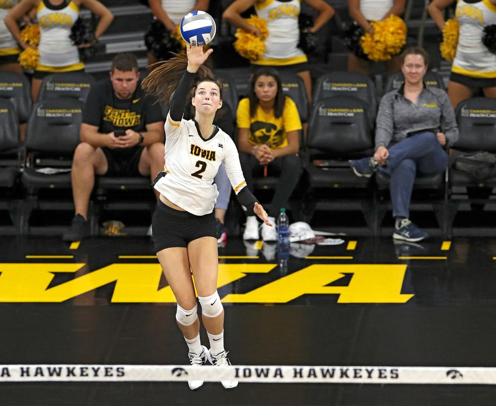 Iowa’s Courtney Buzzerio (2) serves the ball during the second set of their Big Ten/Pac-12 Challenge match against Colorado at Carver-Hawkeye Arena in Iowa City on Friday, Sep 6, 2019. (Stephen Mally/hawkeyesports.com)