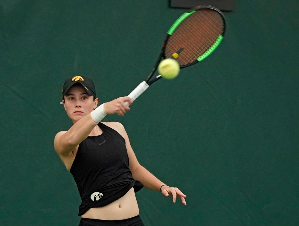 Iowa's Elise van Heuvelen Treadwell plays a match against Indiana at the Hawkeye Tennis and Recreation Complex in Iowa City on Sunday, Mar. 31, 2019. (Stephen Mally/hawkeyesports.com)
