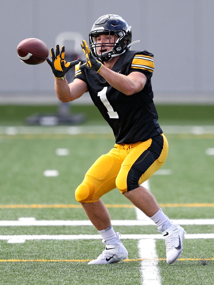 Iowa Hawkeyes running back Nolan Donald (1) pulls in a pass during Fall Camp Practice No. 11 at the Hansen Football Performance Center in Iowa City on Wednesday, Aug 14, 2019. (Stephen Mally/hawkeyesports.com)