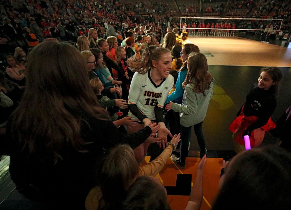 Iowa’s Hannah Clayton (18) is introduced before their match against Nebraska at Carver-Hawkeye Arena in Iowa City on Saturday, Nov 9, 2019. (Stephen Mally/hawkeyesports.com)