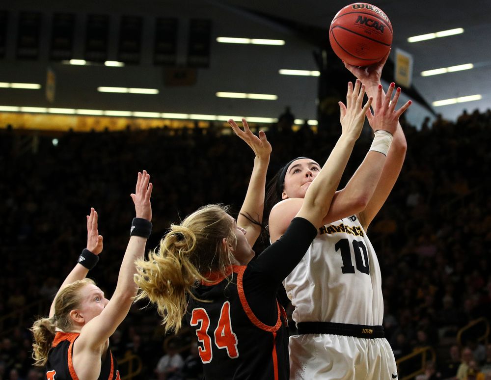 Iowa Hawkeyes forward Megan Gustafson (10) makes a basket during the first round of the 2019 NCAA Women's Basketball Tournament at Carver Hawkeye Arena in Iowa City on Friday, Mar. 22, 2019. (Stephen Mally for hawkeyesports.com)