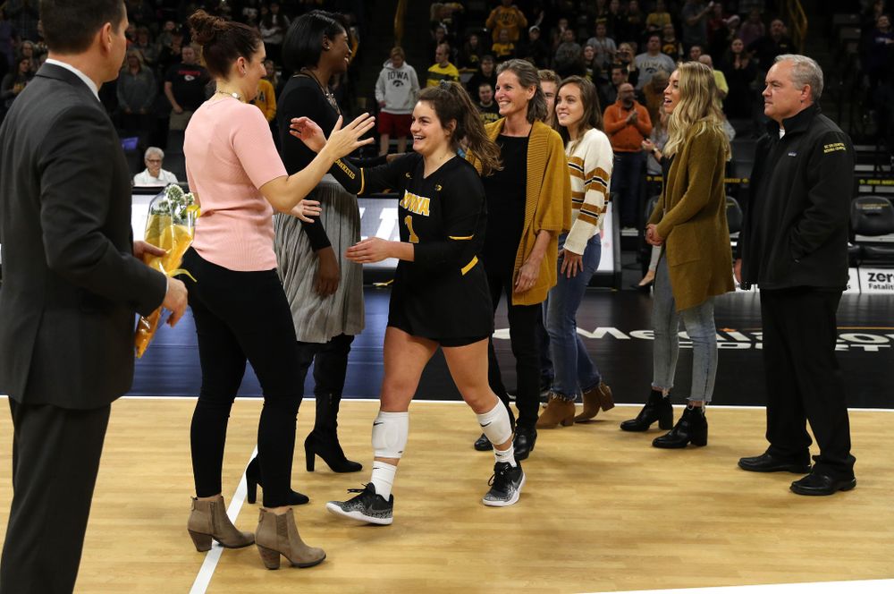 Iowa Hawkeyes defensive specialist Molly Kelly (1) during senior day activities before their game against the Ohio State Buckeyes Saturday, November 24, 2018 at Carver-Hawkeye Arena. (Brian Ray/hawkeyesports.com)