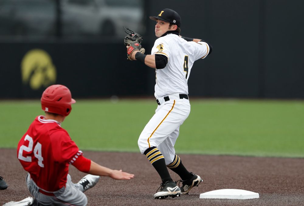 Iowa Hawkeyes infielder Mitchell Boe (4) during a double header against the Indiana Hoosiers Friday, March 23, 2018 at Duane Banks Field. (Brian Ray/hawkeyesports.com)