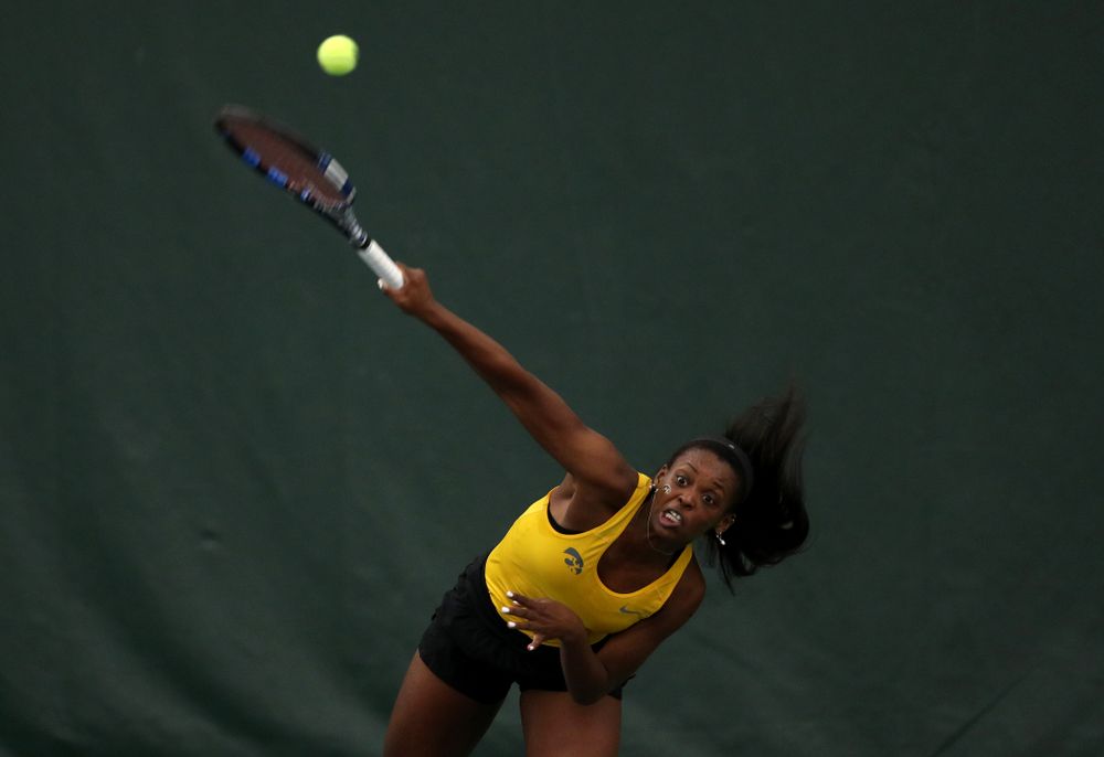 Iowa's Adorabol Huckleby against the Iowa State Cyclones Friday, February 8, 2019 at the Hawkeye Tennis and Recreation Complex. (Brian Ray/hawkeyesports.com)