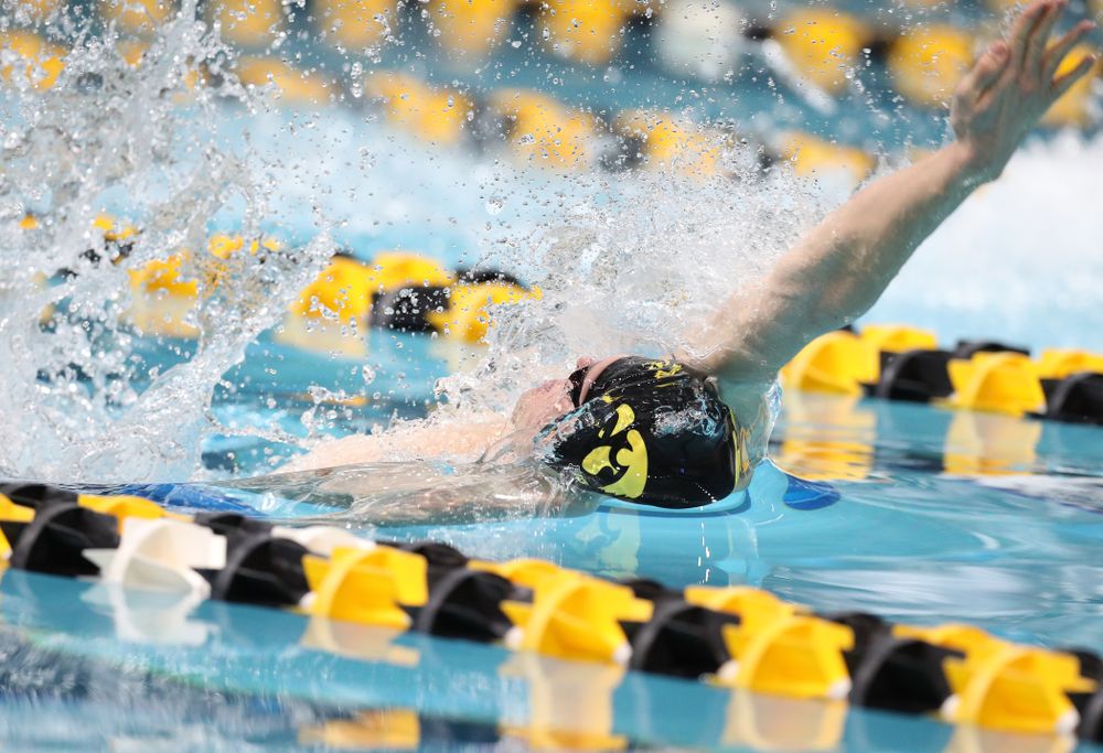 Iowa's Kenneth Mende swims the backstroke leg of the 200 medley relay at the 2019 Big Ten Swimming and Diving meet  Wednesday, February 27, 2019 at the Campus Wellness and Recreation Center. (Brian Ray/hawkeyesports.com)