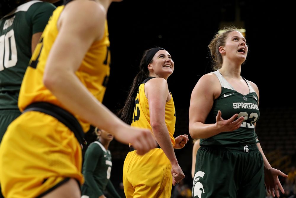 Iowa Hawkeyes forward Megan Gustafson (10) pumps her fist after making a basket and drawing a foul against the Michigan State Spartans Thursday, February 7, 2019 at Carver-Hawkeye Arena. (Brian Ray/hawkeyesports.com)