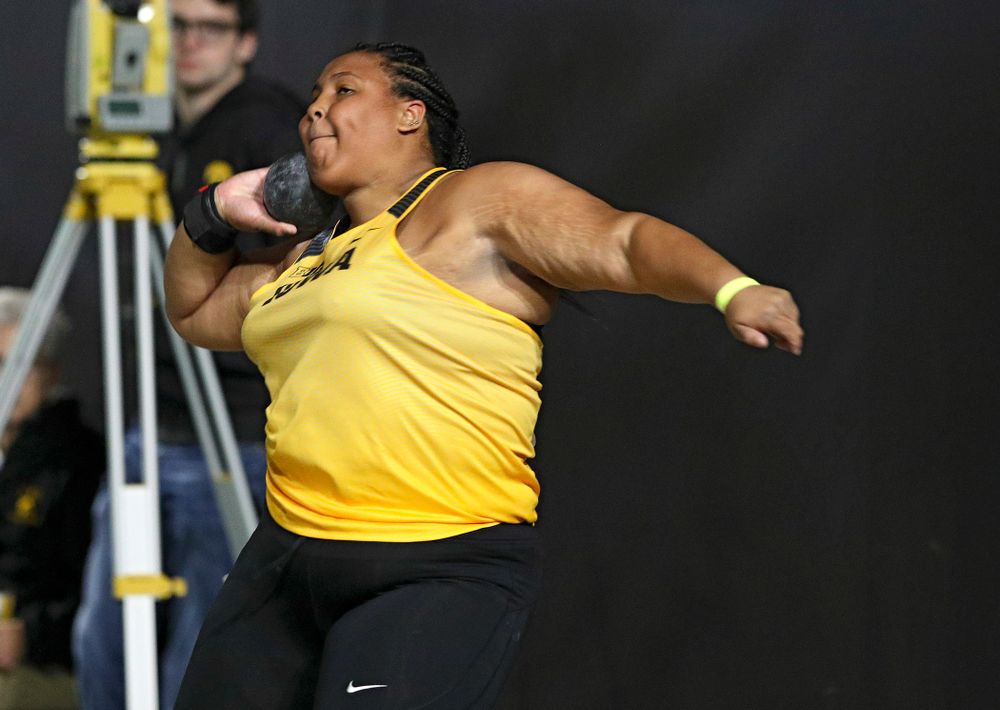 Iowa’s Ianna Roach competes in the women’s shot put event during the Hawkeye Invitational at the Recreation Building in Iowa City on Saturday, January 11, 2020. (Stephen Mally/hawkeyesports.com)