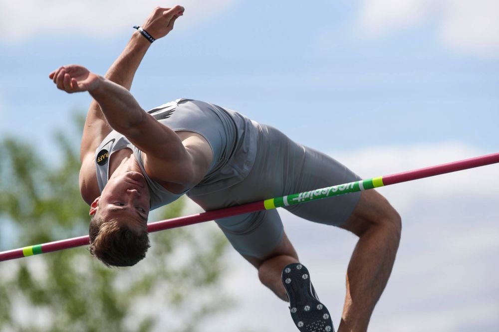 Iowa's Peyton Haack during the men's high jump at the Big Ten Outdoor Track and Field Championships at Francis X. Cretzmeyer Track on Friday, May 10, 2019. (Lily Smith/hawkeyesports.com)