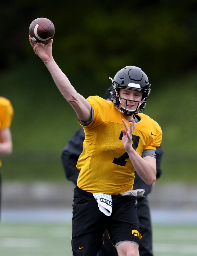 Iowa Hawkeyes quarterback Spencer Petras (7) throws a pass during practice Monday, December 23, 2019 at Mesa College in San Diego. (Brian Ray/hawkeyesports.com)