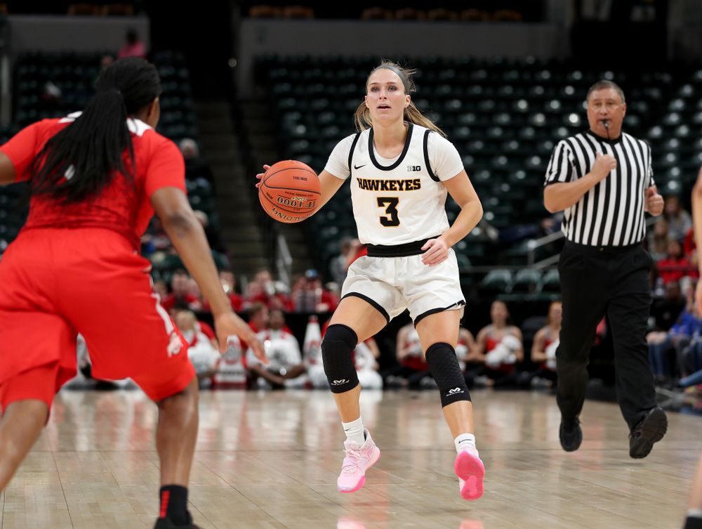 Iowa Hawkeyes guard Makenzie Meyer (3) against Ohio State in the quarterfinals of the Big Ten Basketball Tournament Friday, March 6, 2020 at Bankers Life Fieldhouse in Indianapolis. (Brian Ray/hawkeyesports.com)