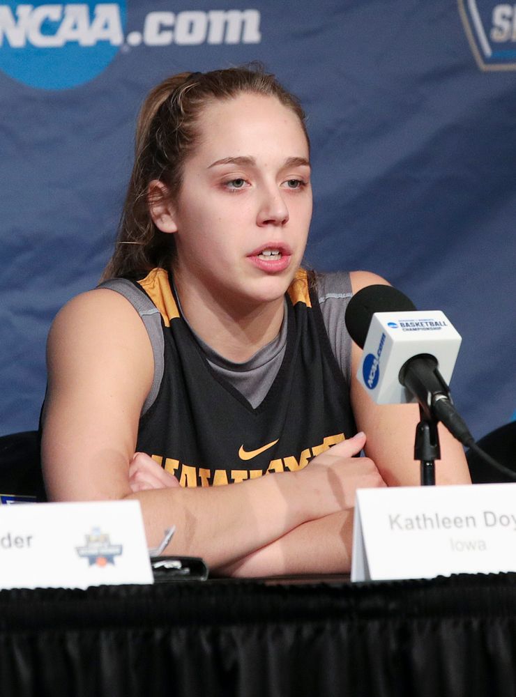 Iowa Hawkeyes guard Kathleen Doyle (22) answers a question during media availability before their next game in the 2019 NCAA Women's Basketball Tournament at Carver Hawkeye Arena in Iowa City on Saturday, Mar. 23, 2019. (Stephen Mally for hawkeyesports.com)