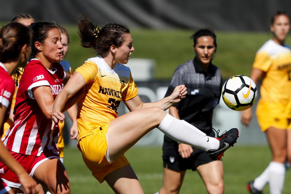 Iowa Hawkeyes forward Devin Burns (30) passes the ball during a game against Indiana at the Iowa Soccer Complex on September 23, 2018. (Tork Mason/hawkeyesports.com)
