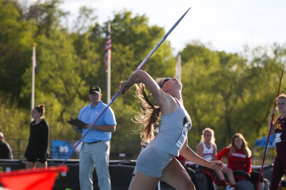 IowaÕs Marissa Mueller throws during the womenÕs javelin throw at the Big Ten Outdoor Track and Field Championships at Francis X. Cretzmeyer Track on Friday, May 10, 2019. (Lily Smith/hawkeyesports.com)
