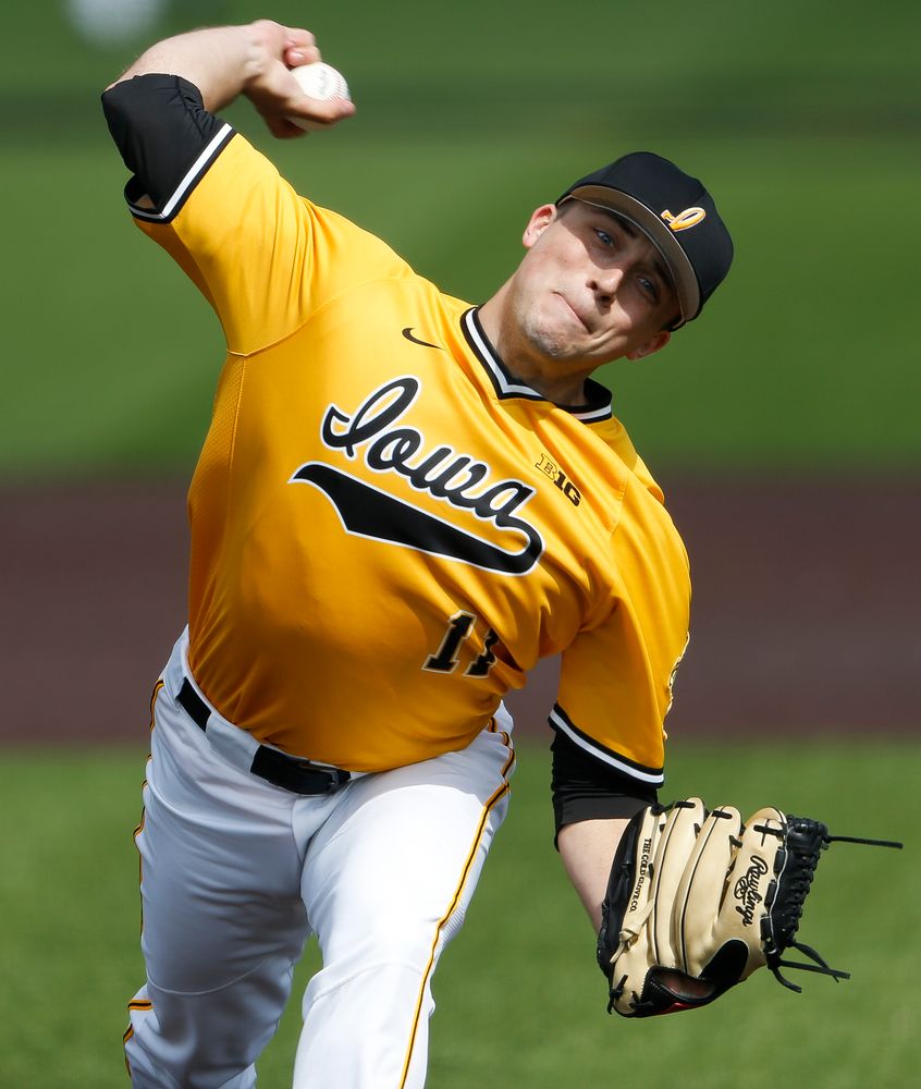 Iowa Hawkeyes pitcher Cole McDonald (11) pitches during a game against Evansville at Duane Banks Field on March 18, 2018. (Tork Mason/hawkeyesports.com)