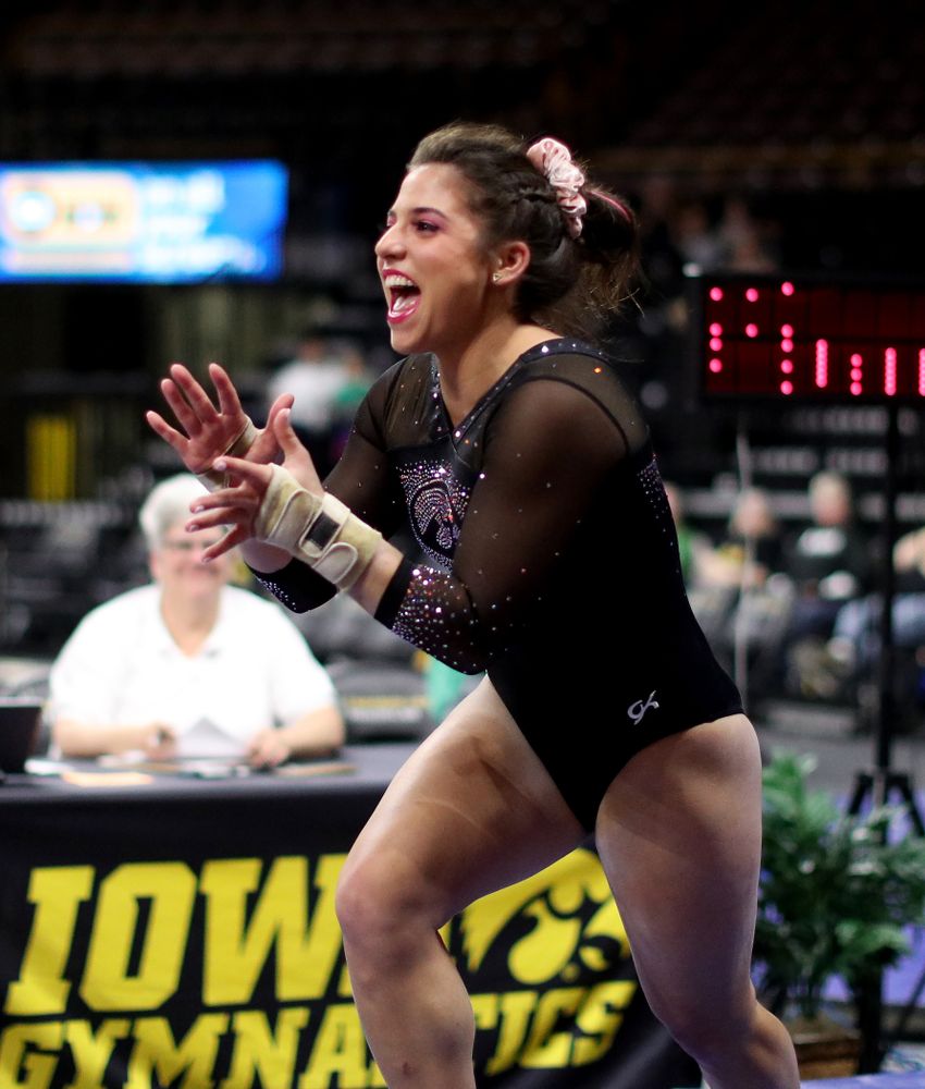 Iowa’s Ariana Agrapides competes on the vault against Michigan Friday, February 14, 2020 at Carver-Hawkeye Arena. (Brian Ray/hawkeyesports.com)