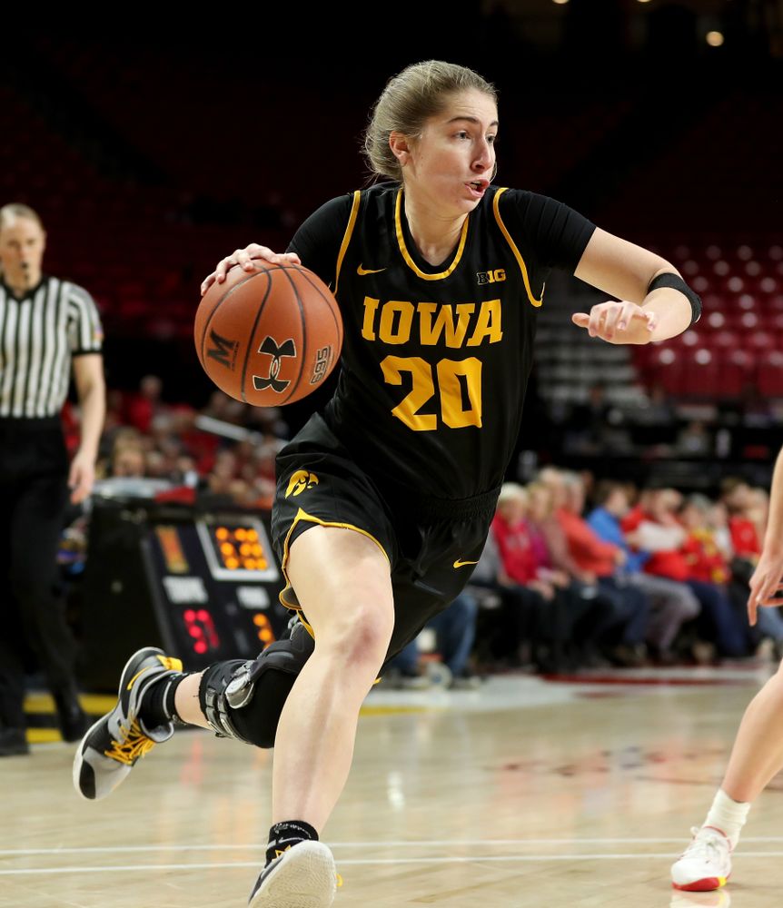 Iowa Hawkeyes guard Kate Martin (20) against the Maryland Terrapins Thursday, February 13, 2020 at the Xfinity Center in College Park, MD. (Brian Ray/hawkeyesports.com)