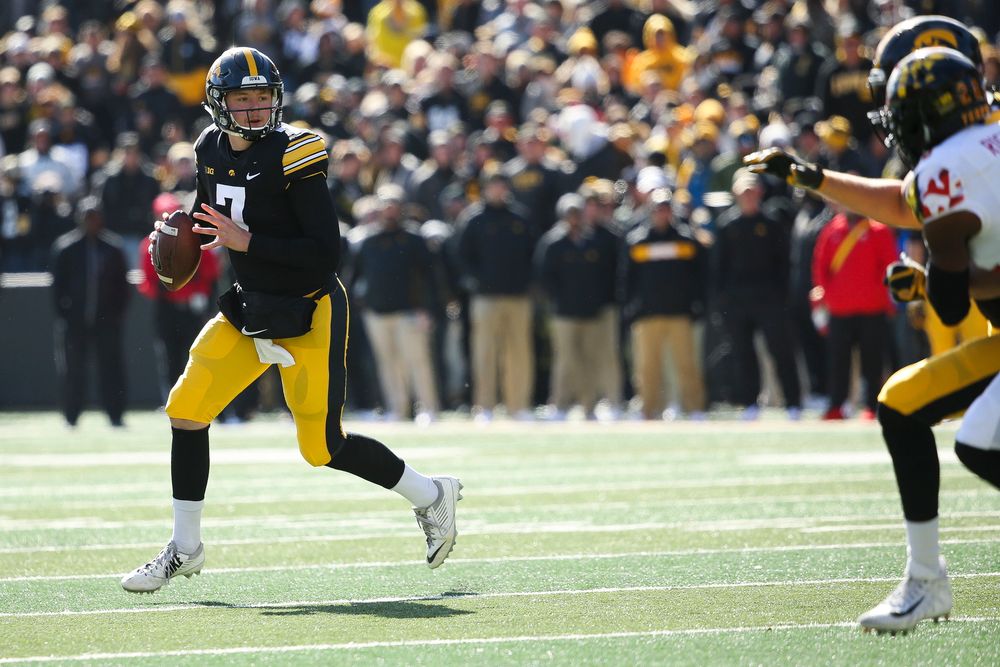 Iowa Hawkeyes quarterback Spencer Petras (7) looks to pass during a game against Maryland at Kinnick Stadium on October 20, 2018. (Tork Mason/hawkeyesports.com)