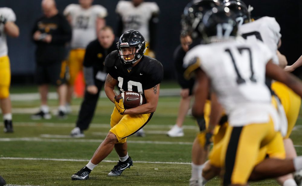 Iowa Hawkeyes defensive back Camron Harrell (10) during spring practice Wednesday, March 28, 2018 at the Hansen Football Performance Center.  (Brian Ray/hawkeyesports.com)