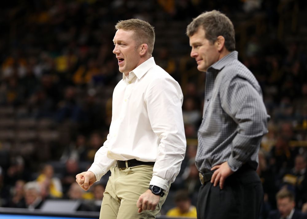 Assistant coach Ryan Morningstar as Iowa's Cash Wilcke wrestles Purdue's Max Lyon at 184 pounds Saturday, November 24, 2018 at Carver-Hawkeye Arena. (Brian Ray/hawkeyesports.com)
