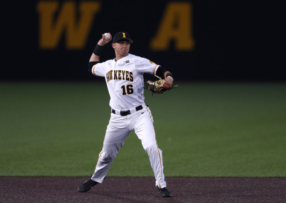 Iowa Hawkeyes Tanner Wetrich (16) makes a play during game one against UC Irvine Friday, May 3, 2019 at Duane Banks Field. (Brian Ray/hawkeyesports.com)