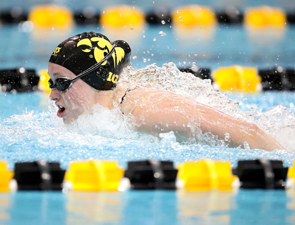 Iowa’s Kelsey Drake swims the butterfly section in the women’s 400 yard medley relay event during their meet at the Campus Recreation and Wellness Center in Iowa City on Friday, February 7, 2020. (Stephen Mally/hawkeyesports.com)