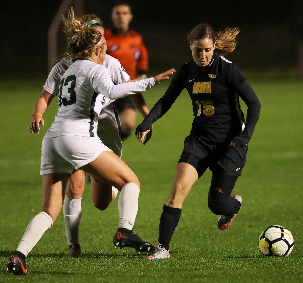 Iowa Hawkeyes forward Rose Ripslinger (15) dribbles the ball during a game against Michigan State at the Iowa Soccer Complex on October 12, 2018. (Tork Mason/hawkeyesports.com)