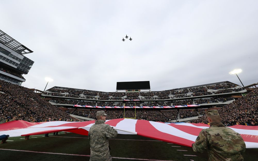 Thee F/A -18 fighters fly over before the Iowa Hawkeyes game against the Northwestern Wildcats Saturday, November 10, 2018 at Kinnick Stadium. (Brian Ray/hawkeyesports.com)