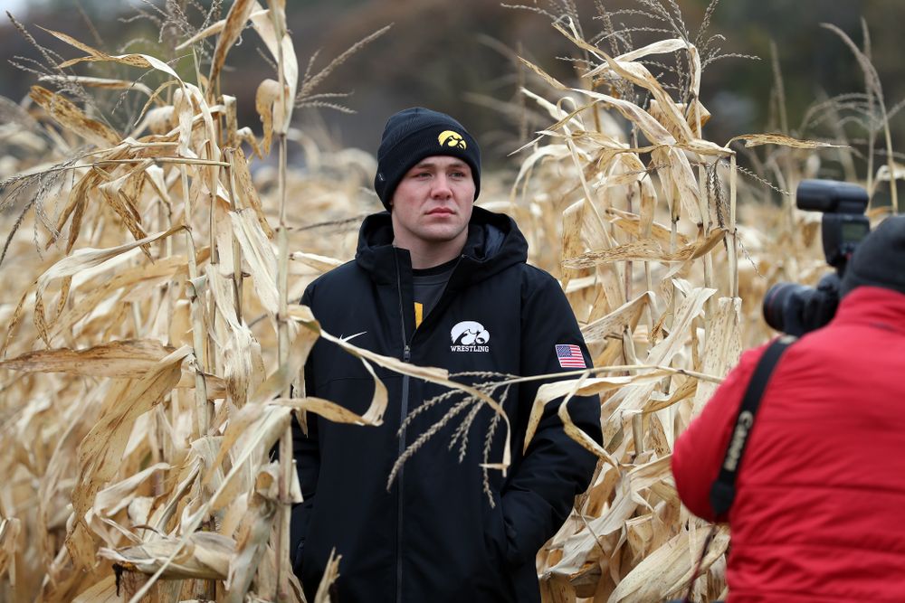 All American Jacob Warner answers questions from reporters during the teamÕs annual media day Wednesday, October 30, 2019 at Kroul Family Farms in Mount Vernon. (Brian Ray/hawkeyesports.com)