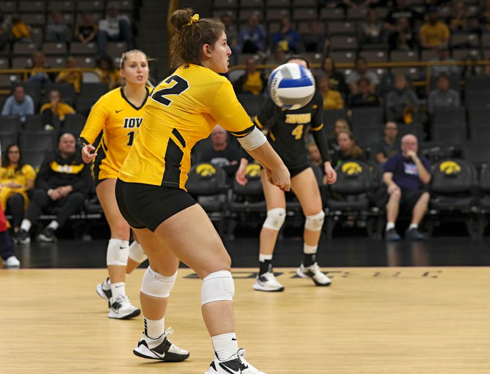 Iowa’s Emily Bushman (12) eyes the ball during their match at Carver-Hawkeye Arena in Iowa City on Sunday, Oct 20, 2019. (Stephen Mally/hawkeyesports.com)