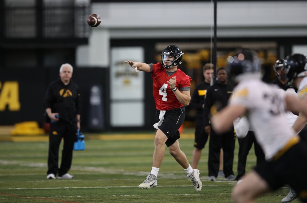Iowa Hawkeyes quarterback Nate Stanley (4) during preparation for the 2019 Outback Bowl Tuesday, December 18, 2018 at the Hansen Football Performance Center. (Brian Ray/hawkeyesports.com)