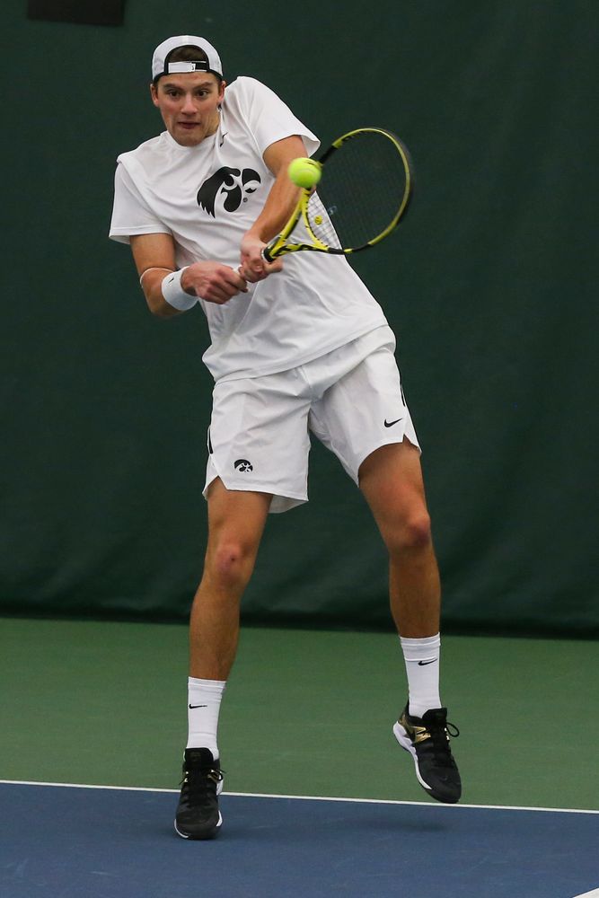 Iowa’s Joe Tyler hits a forehand during the Iowa men’s tennis match vs Western Michigan on Saturday, January 18, 2020 at the Hawkeye Tennis and Recreation Complex. (Lily Smith/hawkeyesports.com)