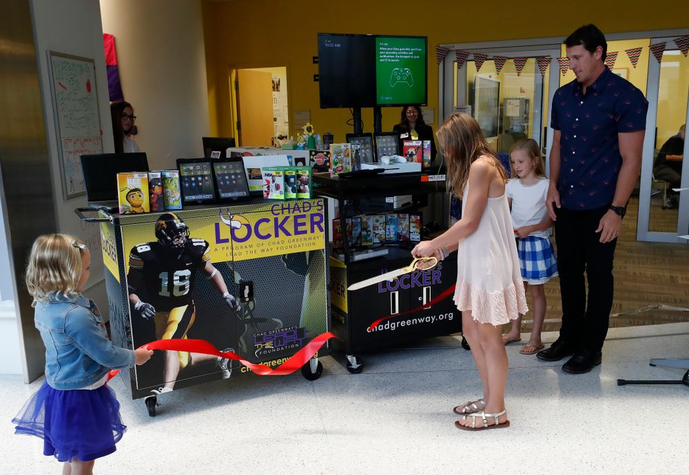 Former Hawkeye Football linebacker Chad Greenway's Lead the Way Foundation unveils their latest Greenway's Locker technology and media cabinet Friday, August 31, 2018 at the University of Iowa Stead Family Children's Hospital. Chad's Locker provides patients and their families access to notebook computers, movies and video game systems to occupy their time during their hospital stay.   (Brian Ray/hawkeyesports.com)