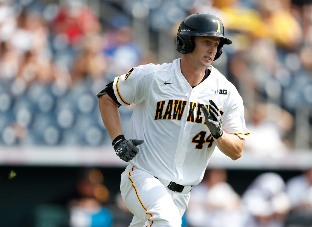 Iowa Hawkeyes outfielder Robert Neustrom (44) against the Ohio State Buckeyes in the second round of the Big Ten Baseball Tournament  Thursday, May 24, 2018 at TD Ameritrade Park in Omaha, Neb. (Brian Ray/hawkeyesports.com) 