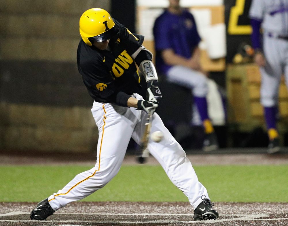 Iowa Hawkeyes catcher Austin Martin (34) gets a hit during the eighth inning of their game against Western Illinois at Duane Banks Field in Iowa City on Wednesday, May. 1, 2019. (Stephen Mally/hawkeyesports.com)