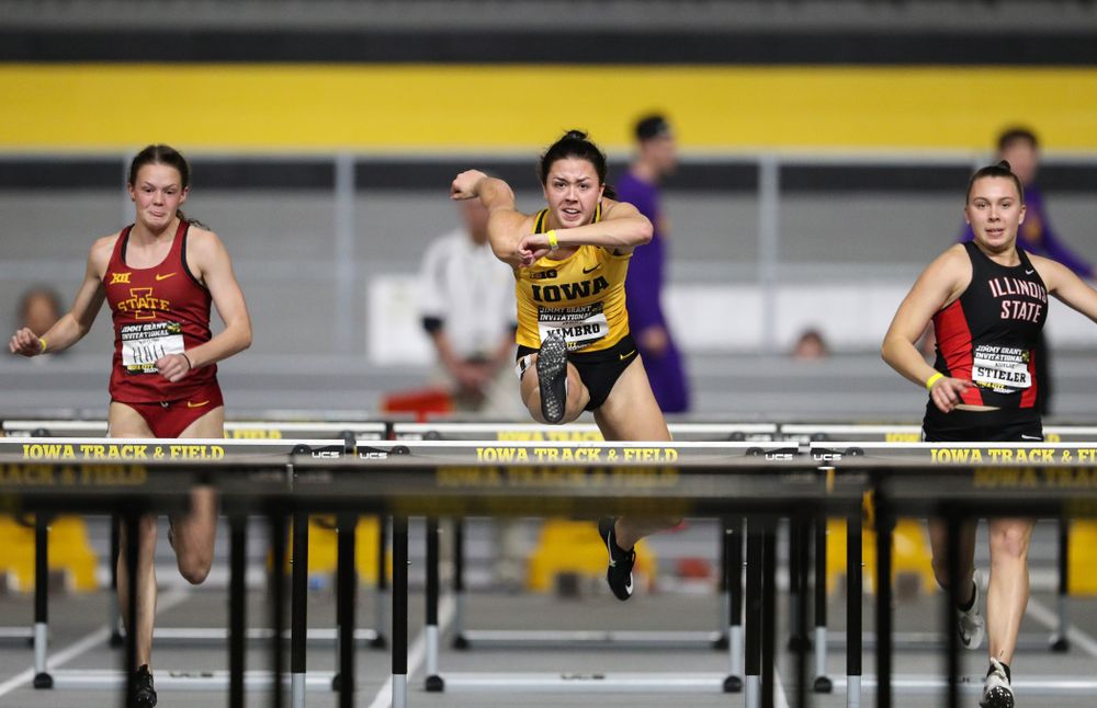 Iowa's Jenny Kimbro wins the 60-meter hurdles during the Jimmy Grant Invitational Saturday, December 8, 2018 at the Recreation Building. (Brian Ray/hawkeyesports.com)