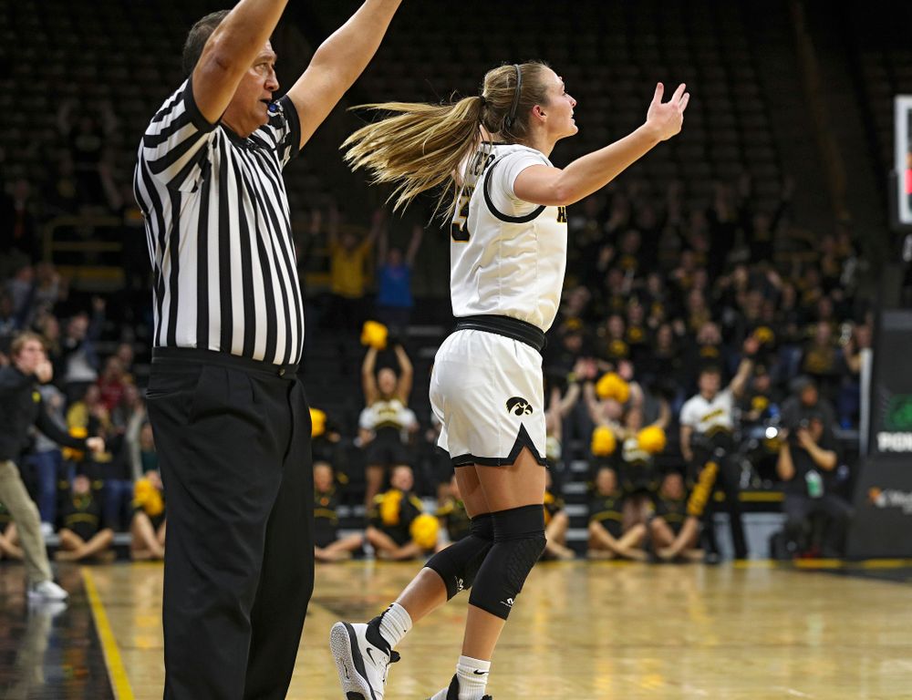 Iowa Hawkeyes guard Makenzie Meyer (3) celebrates after making a 3-pointer during the fourth quarter of their game at Carver-Hawkeye Arena in Iowa City on Sunday, January 12, 2020. (Stephen Mally/hawkeyesports.com)