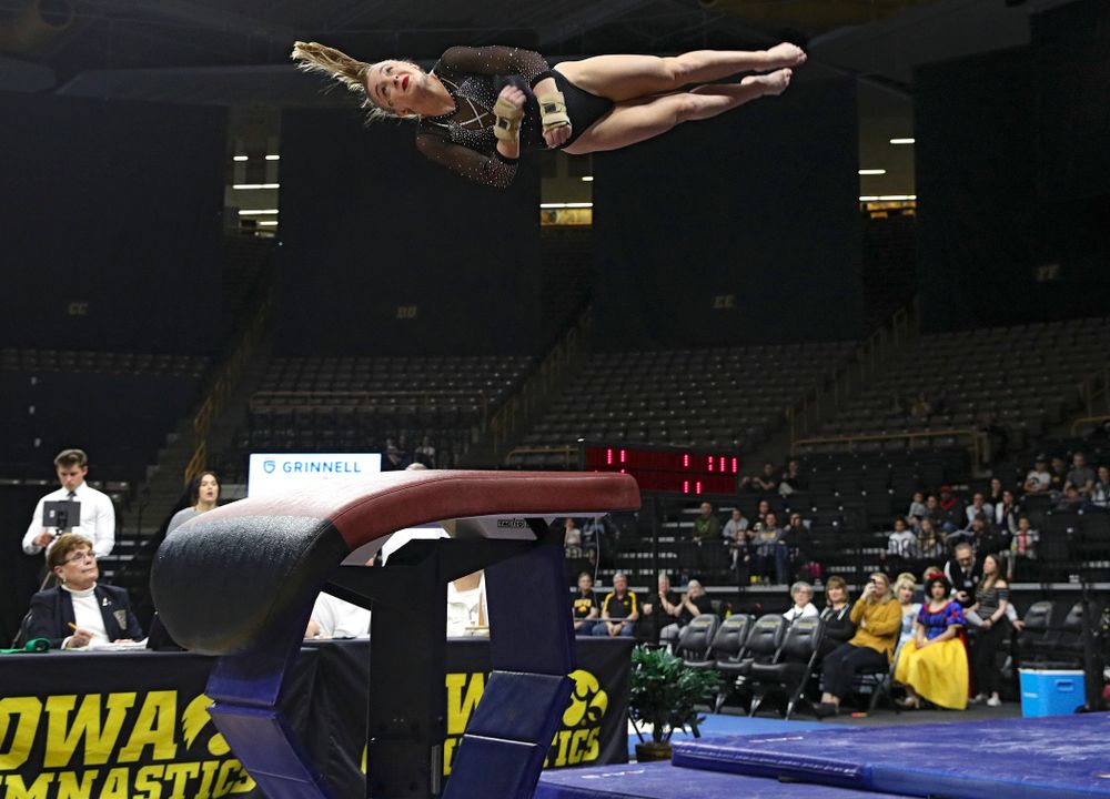 Iowa’s Lauren Guerin competes on the vault during their meet at Carver-Hawkeye Arena in Iowa City on Sunday, March 8, 2020. (Stephen Mally/hawkeyesports.com)