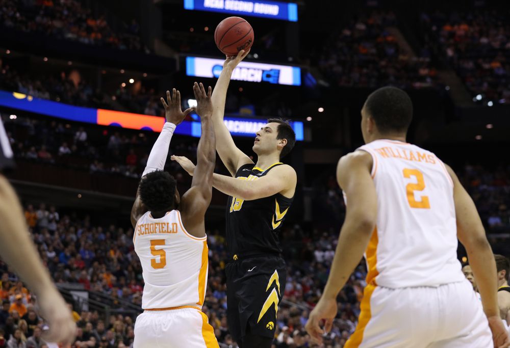 Iowa Hawkeyes forward Ryan Kriener (15) against the Tennessee Volunteers in the second round of the 2019 NCAA Men's Basketball Tournament Sunday, March 24, 2019 at Nationwide Arena in Columbus, Ohio. (Brian Ray/hawkeyesports.com)