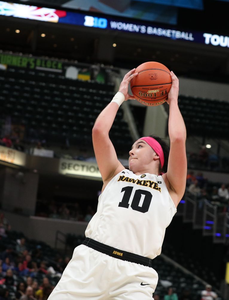 Iowa Hawkeyes forward Megan Gustafson (10) against the Rutgers Scarlet Knights in the semi-finals of the Big Ten Tournament Saturday, March 9, 2019 at Bankers Life Fieldhouse in Indianapolis, Ind. (Brian Ray/hawkeyesports.com)