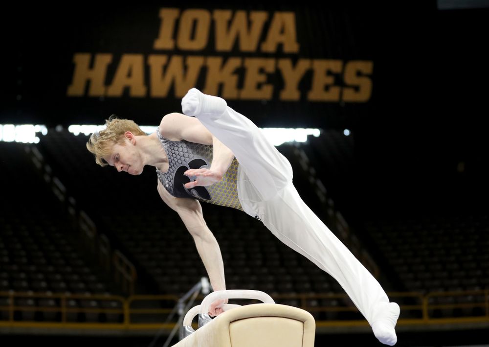 Iowa’s Nick Merryman competes on the pommel horse against Illinois Sunday, March 1, 2020 at Carver-Hawkeye Arena. (Brian Ray/hawkeyesports.com)