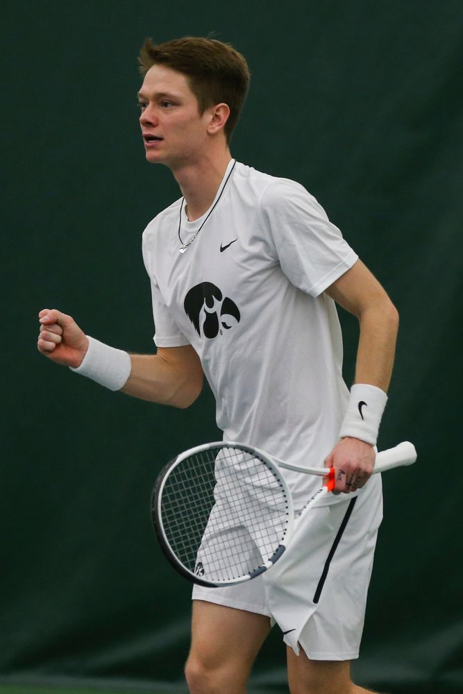 Iowa’s Jason Kerst celebrates a point during the Iowa men’s tennis match vs Western Michigan on Saturday, January 18, 2020 at the Hawkeye Tennis and Recreation Complex. (Lily Smith/hawkeyesports.com)