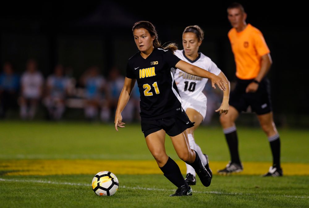 Iowa Hawkeyes Emma Tokuyama (21) against the Purdue Boilermakers Thursday, September 20, 2018 at the Iowa Soccer Complex. (Brian Ray/hawkeyesports.com)