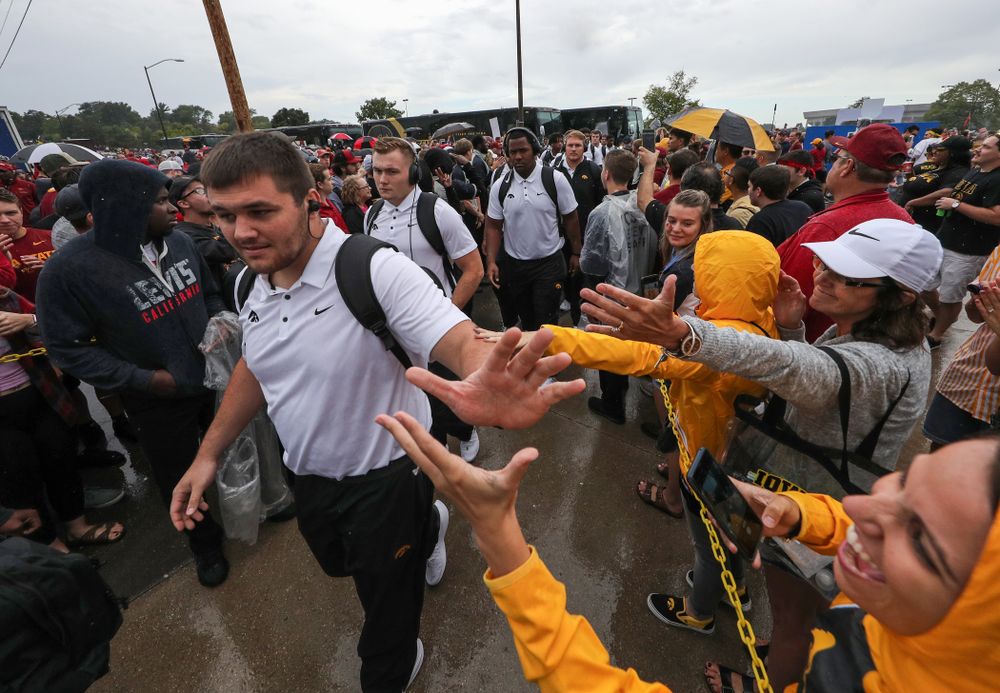 Iowa Hawkeyes offensive lineman Cole Banwart (61) arrives for their game against the Iowa State Cyclones Saturday, September 14, 2019 at Jack Trice Stadium in Ames, Iowa. (Brian Ray/hawkeyesports.com)