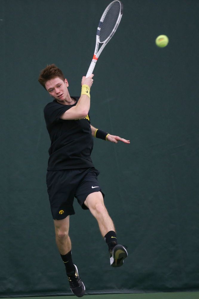 Iowa’s Jason Kerst returns a hit during the Iowa men’s tennis meet vs VCU  on Saturday, February 29, 2020 at the Hawkeye Tennis and Recreation Complex. (Lily Smith/hawkeyesports.com)